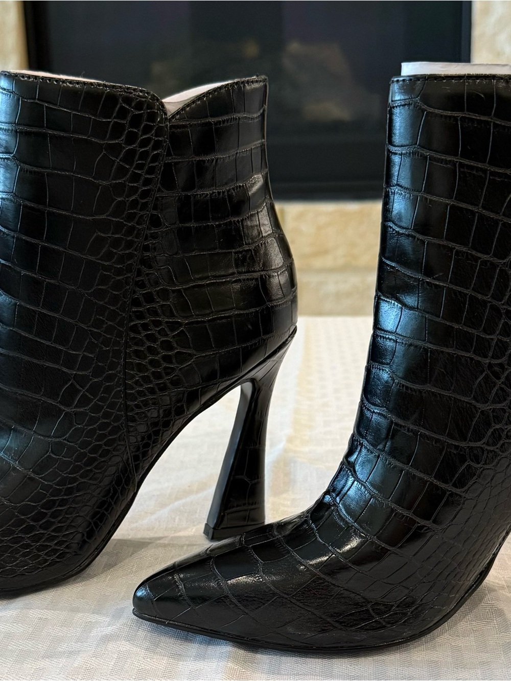 Nine West Black Croc-Embossed Pointed Toe Ankle Boots - Picture 2 of 6